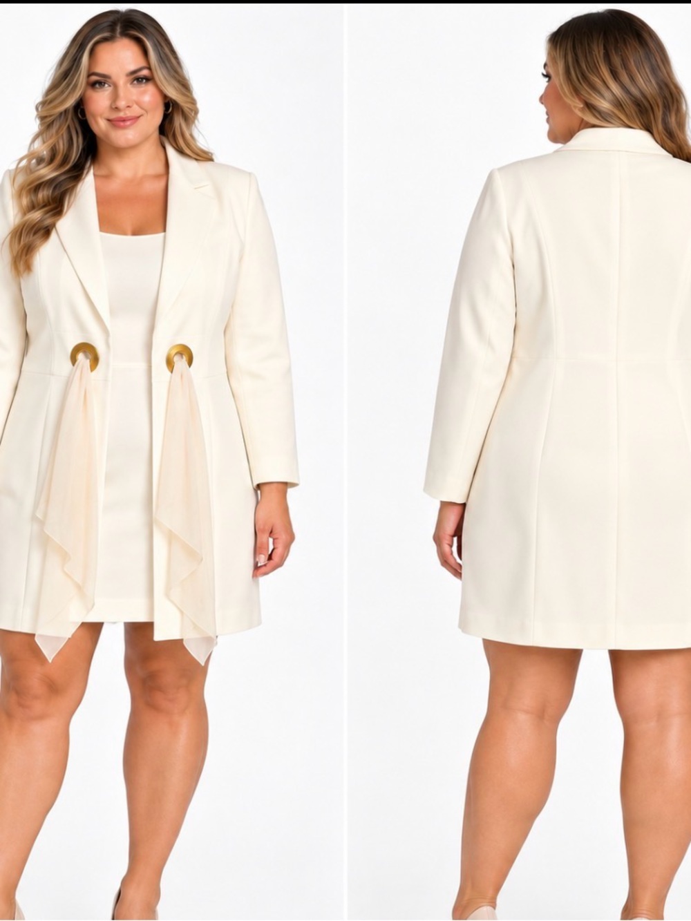 Anne Klein Ivory Cream Dress & Long Jacket Set Gold Grommet Chiffon Tie SZ 14
